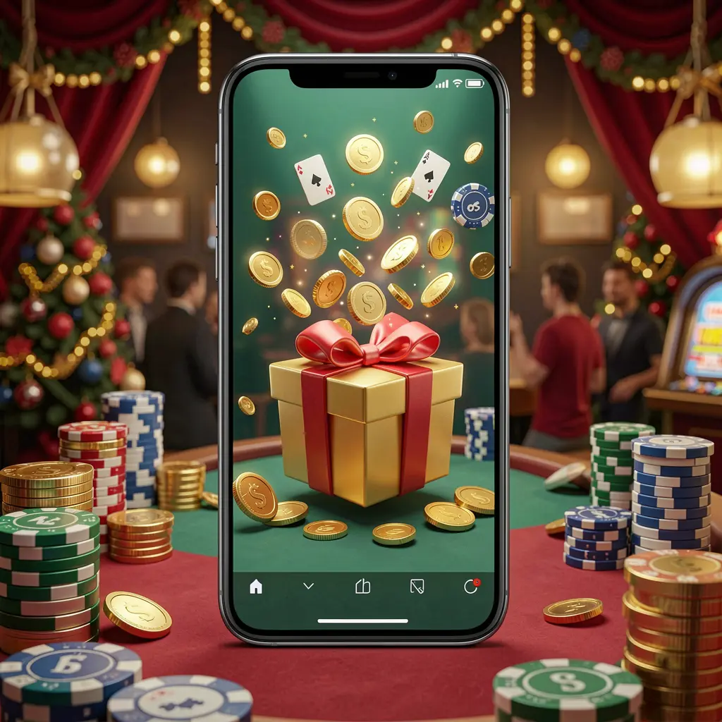 558K mobile casino bonus app concept showing a phone screen with a gift box and coins bursting out in a festive casino atmosphere