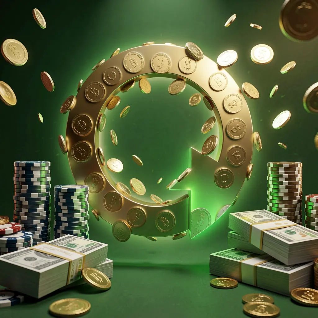 Realistic 3D render of a cashback casino bonus scene featuring coins moving in a circular arrow, stacks of chips, and cash bundles with green and gold glow, showcasing the 558K brand