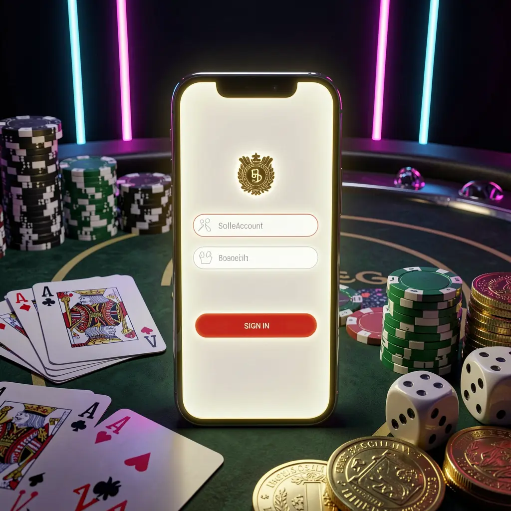 Glowing smartphone on a casino table surrounded by cards, chips, dice, and gold coins in an elegant dark setting with neon highlights, showcasing the 558K casino account sign in scene
