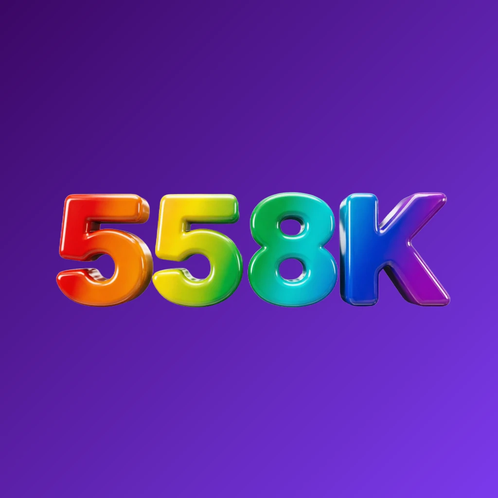3D logo of 558K with oversized bold font in colorful rainbow gradient and glossy plastic texture, featuring strong shadows and highlights on a transparent background, designed as a wide horizontal rectangular wordmark for website header