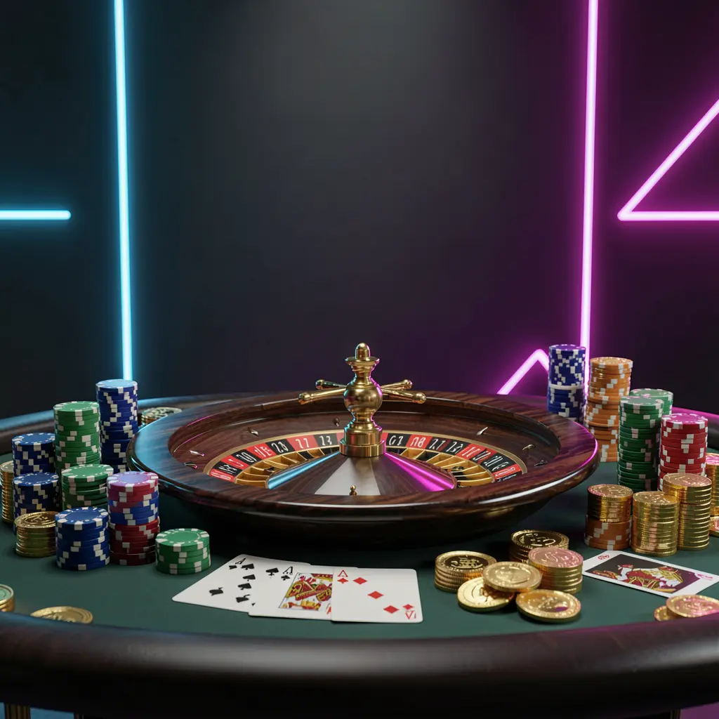 Luxury online casino table with roulette wheel, poker chips, playing cards, and golden coins on a dark premium background with neon glow, showcasing 558K's responsible gaming experience
